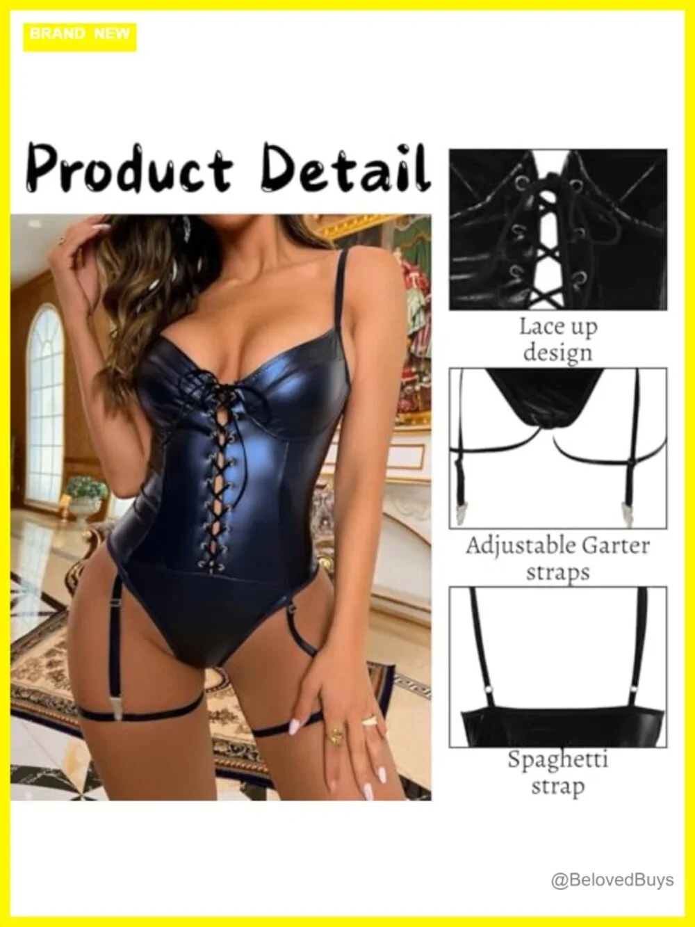 PU Leather Lace Up Bodysuit Corset Teddy Sexy V Neck Backless
